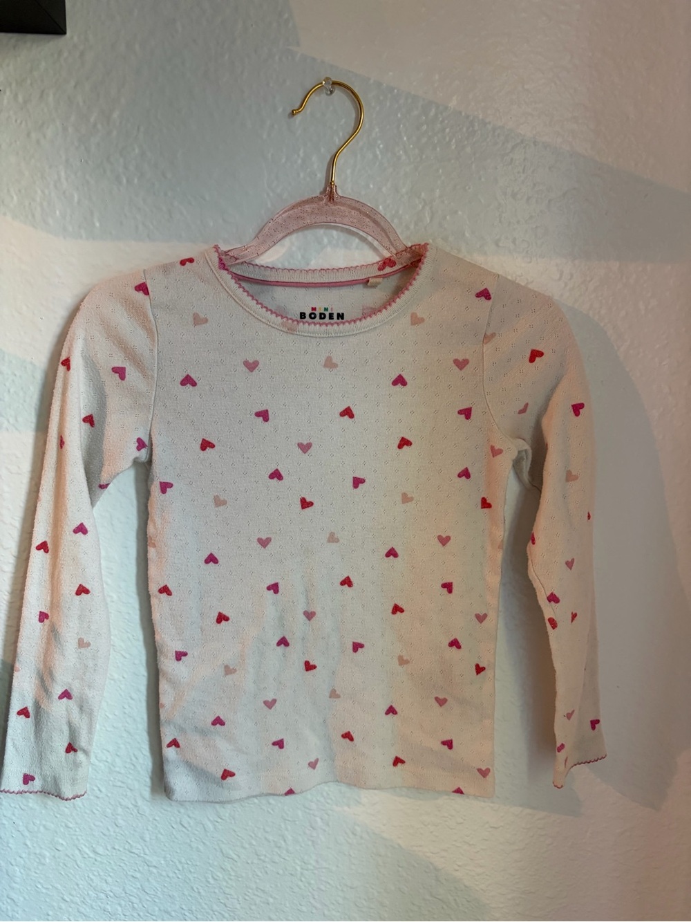 Mini Boden Cream Long-Sleeve Tee with Pink & Red Hearts